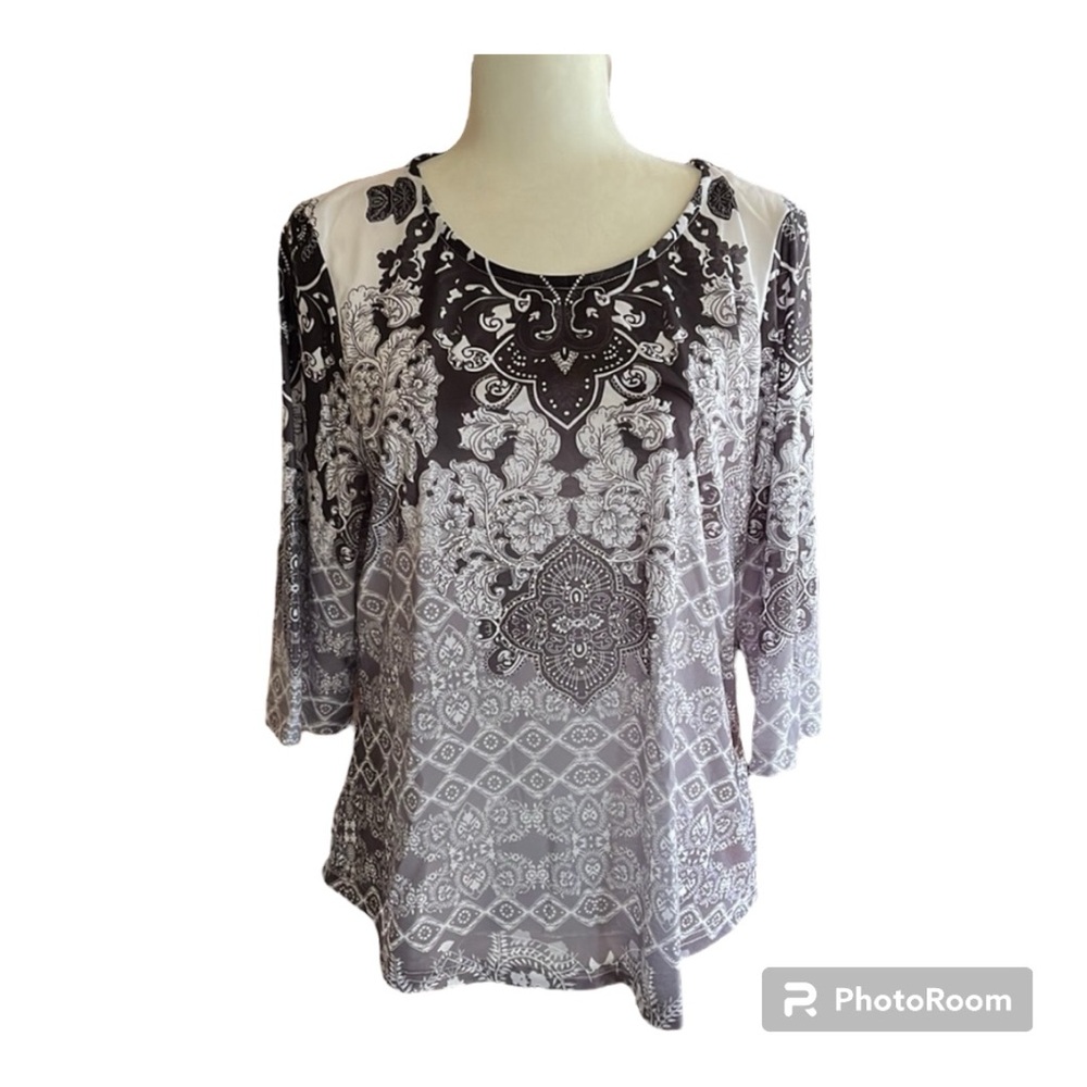 BonWorth Petite Black Paisley Print Beaded Top Size LP